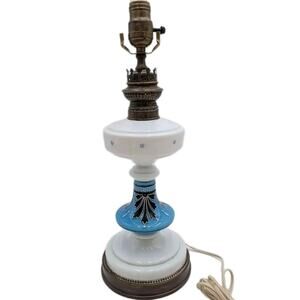 Antique Bohemian Enameled Glass Oil Lamp Electric Light Milk Glass Base 18”